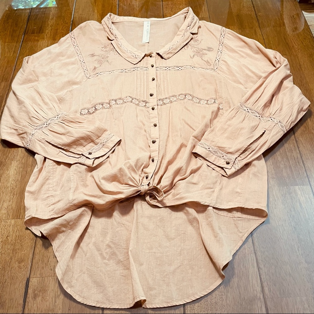 Free People Neutral Embroidered Hi-Lo Blouse